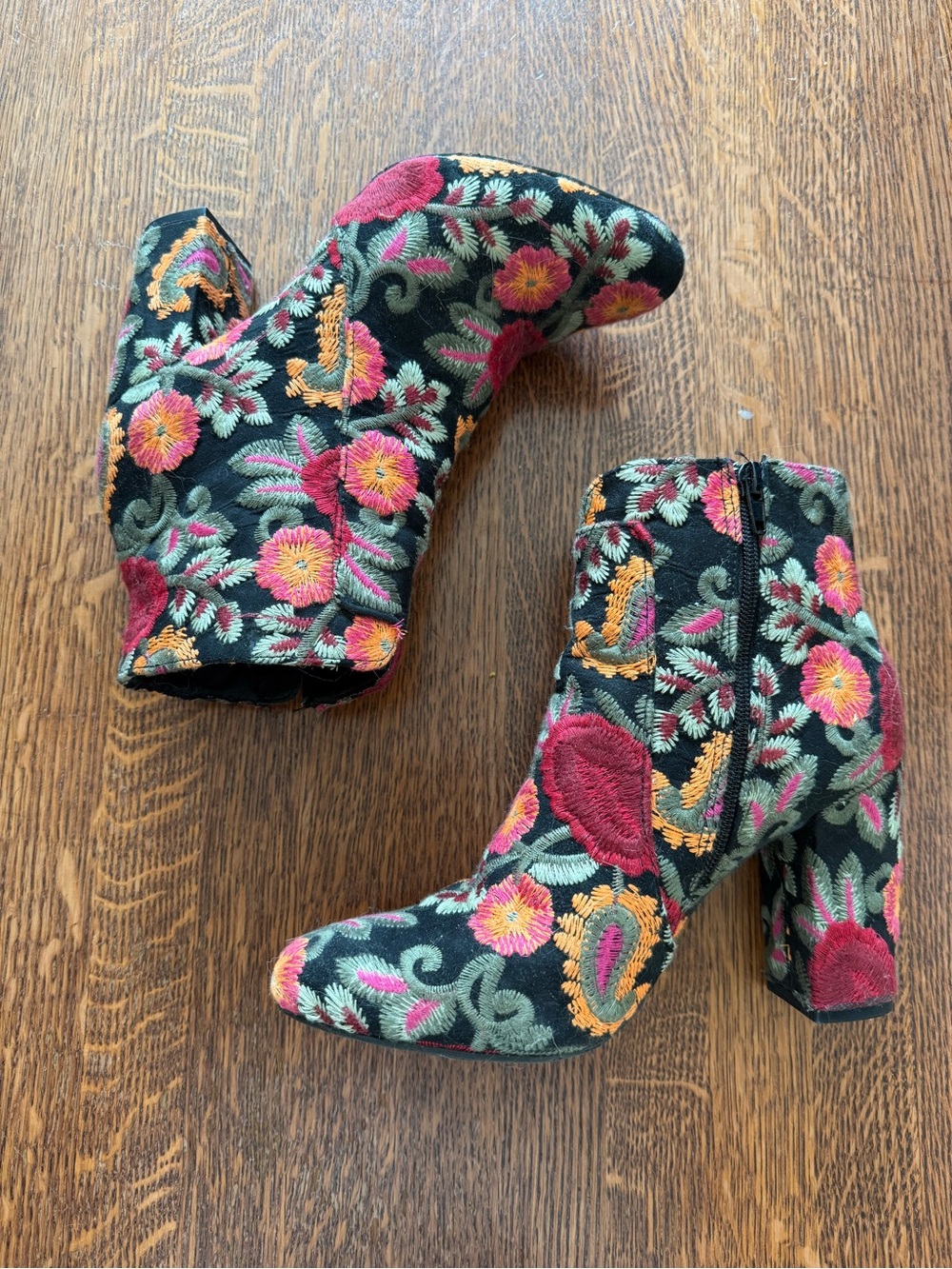 MIA Black Embroidered Floral Ankle Boots with Pink & Yellow Accents